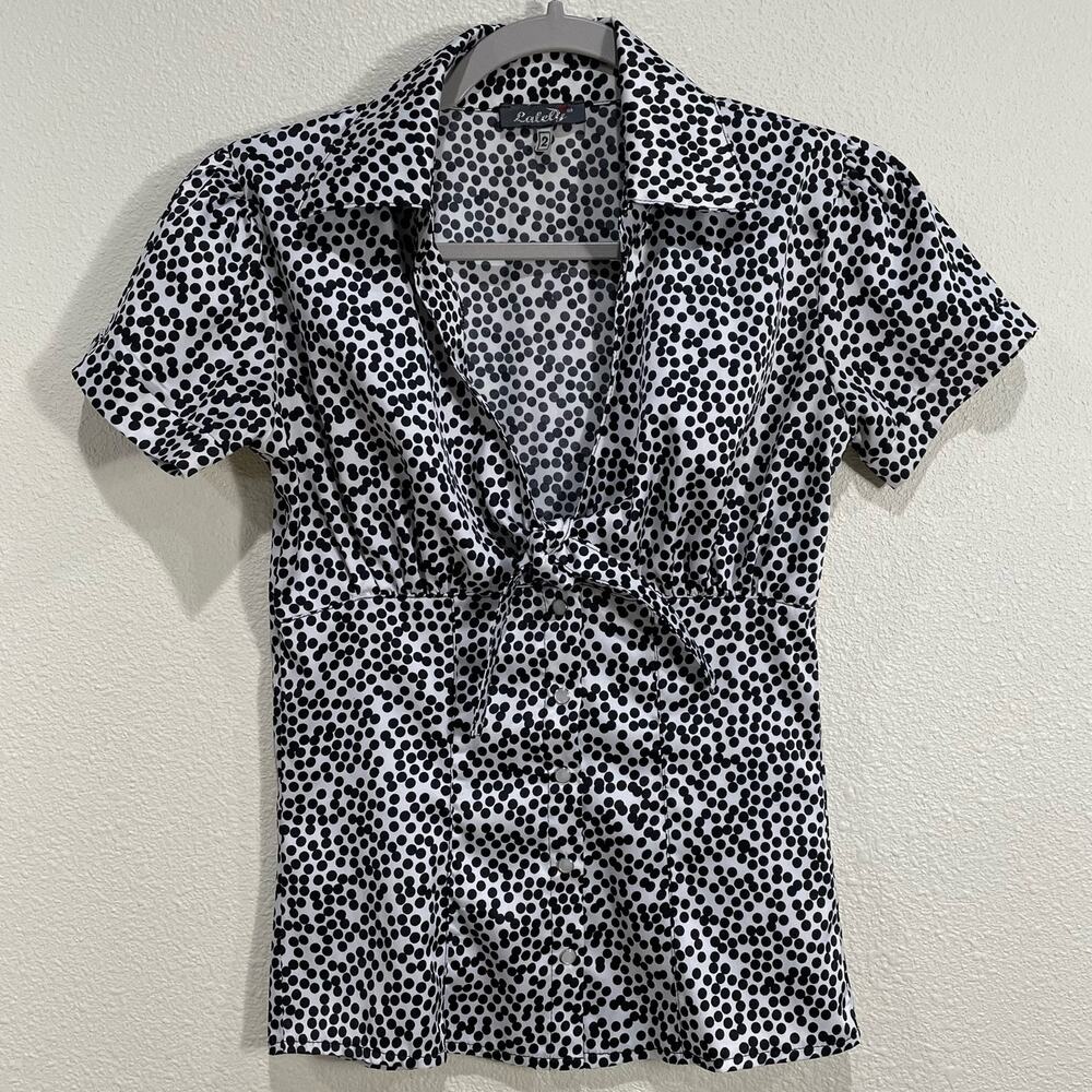Vintage Y2K Polka Dot Tie Front Pearl Snap Top Rockabilly Retro Office Siren XS
